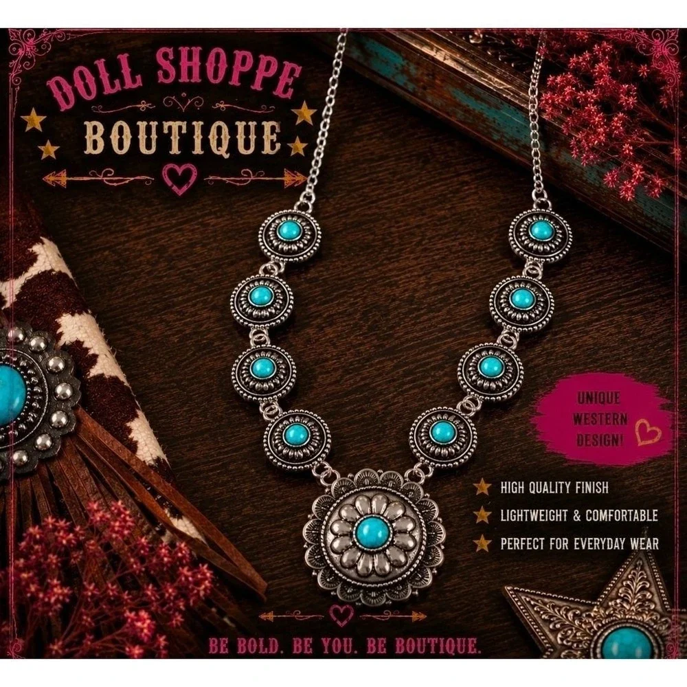 Western Turquoise Concho Statement Necklace